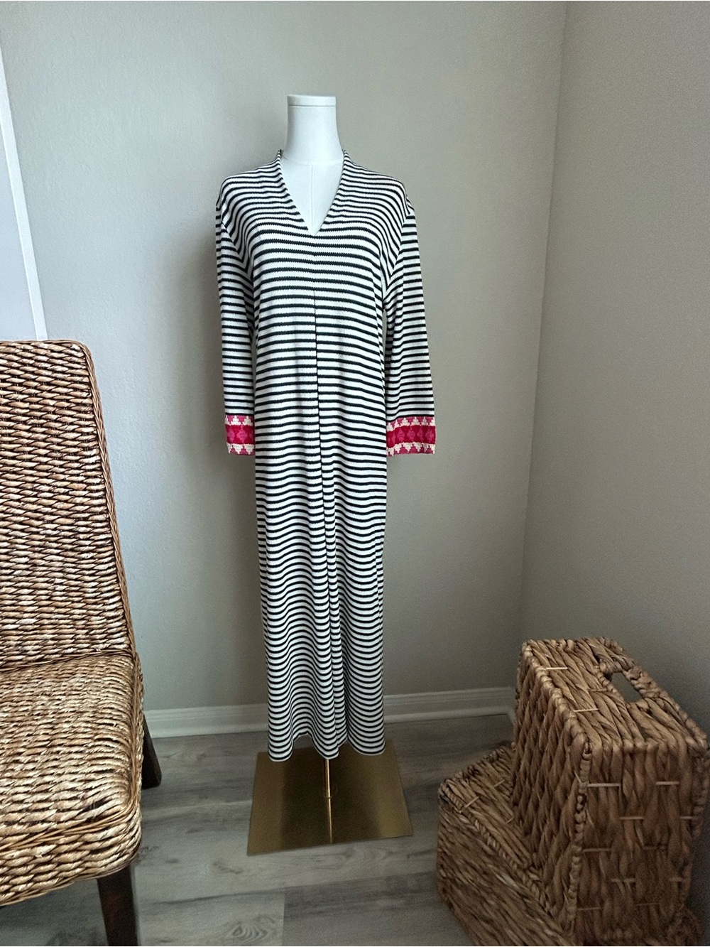 Vilagallo Navy and White Striped Knit Maxi Dress